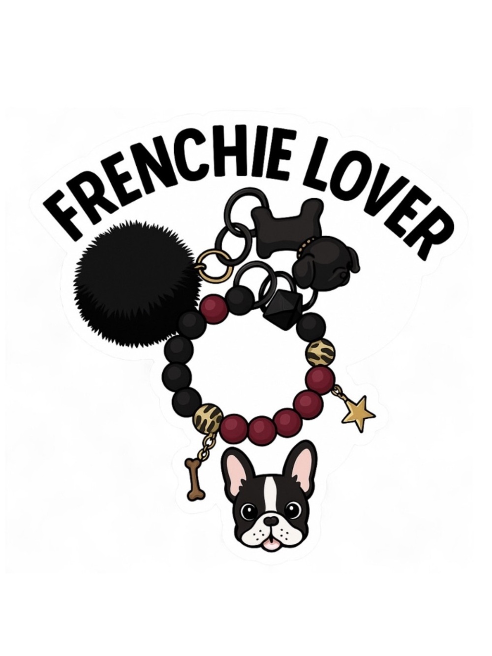 Black & Burgundy Frenchie Pom Pom Beaded Keychain - Picture 2 of 6